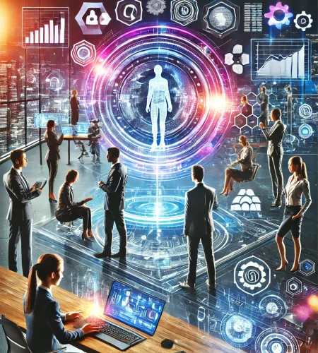 DALL·E 2024-12-19 17.42.50 - A futuristic business concept illustration featuring a diverse team of professionals analyzing data on holographic screens, symbolizing innovation and